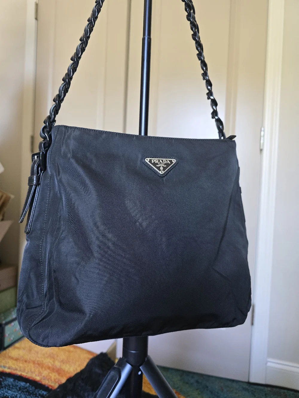 Authentic Prada Nylon Black Shoulder Bag with Braided Leather Chain Strap - Picture 4 of 16